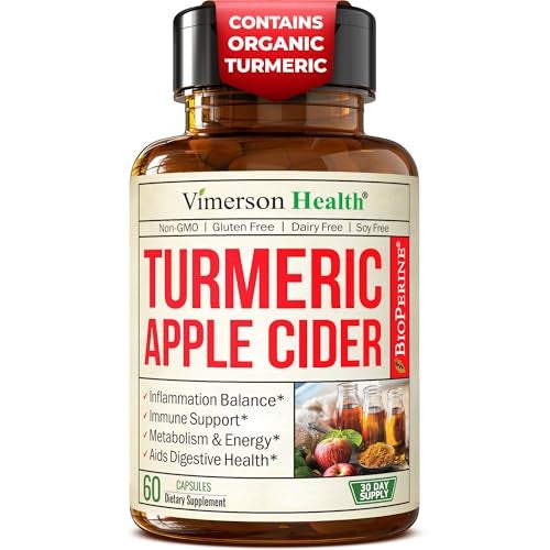 Organic Apple Cider Vinegar with Turmeric Curcumin Supplement Ginger for Digestive Health Metabolism Energy Joint Support Organic Turmeric Apple Cider Vinegar Capsules 60 Vegan NonGMO Caps